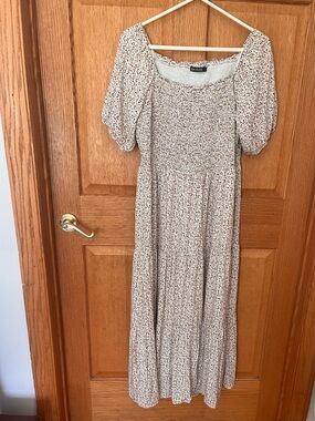 MikaRose bohemian, peasant smocked Cream Floral Puff-Sleeve Midi Dress